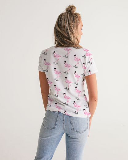 Hockey Playing Flamingos Women's All-Over Print V-Neck Tee