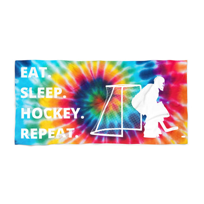 Eat. Sleep. Hockey. Repeat. Goalie Tye-Dye Beach Towel