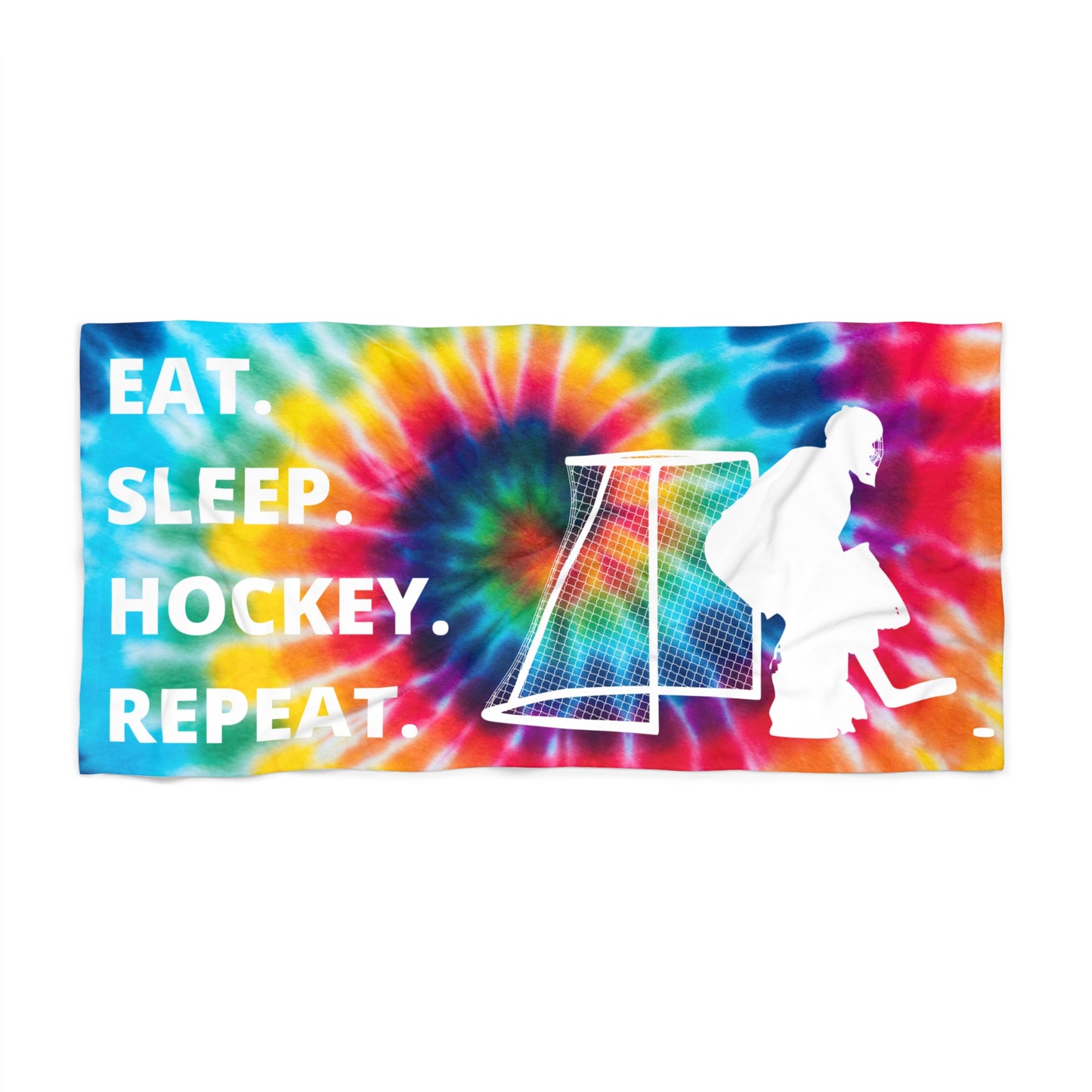 Eat. Sleep. Hockey. Repeat. Goalie Tye-Dye Beach Towel