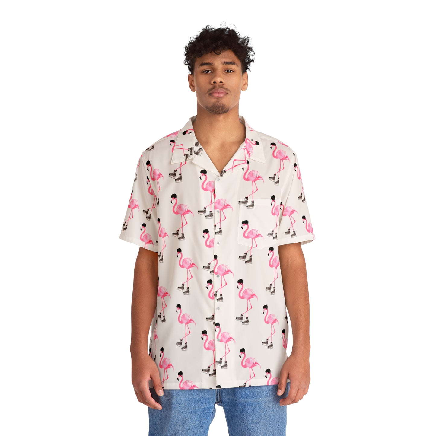 Men's Hockey Playing Flamingo Hawaiian Shirt