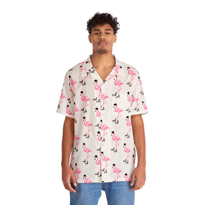 Men's Hockey Playing Flamingo Hawaiian Shirt
