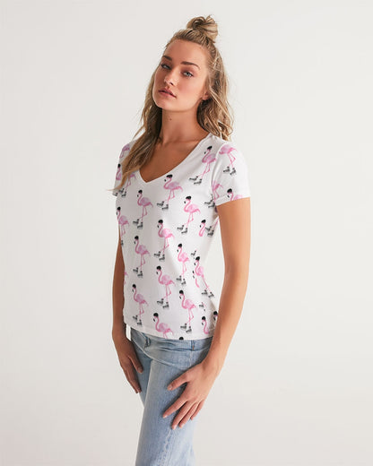 Hockey Playing Flamingos Women's All-Over Print V-Neck Tee