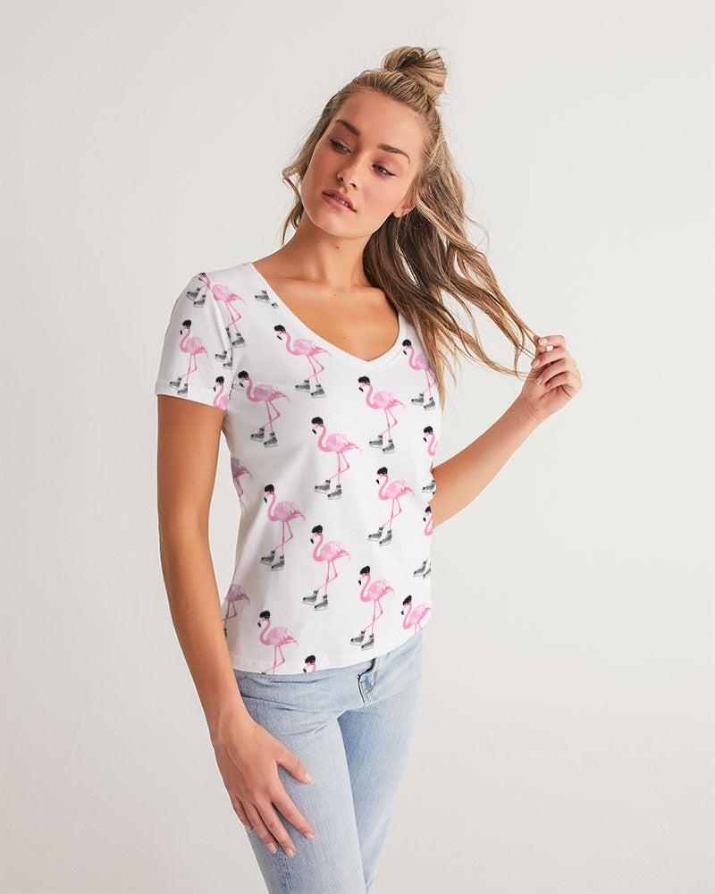 Hockey Playing Flamingos Women's All-Over Print V-Neck Tee