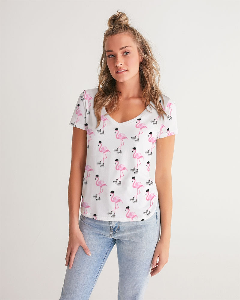 Hockey Playing Flamingos Women's All-Over Print V-Neck Tee