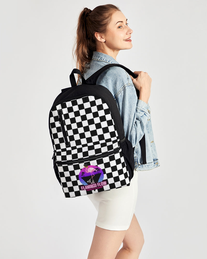 Flamingo Flow Checkered Duo-Zip Front Canvas Backpack