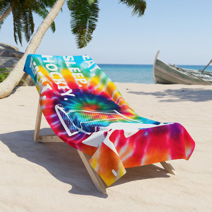 Eat. Sleep. Hockey. Repeat. Goalie Tye-Dye Beach Towel