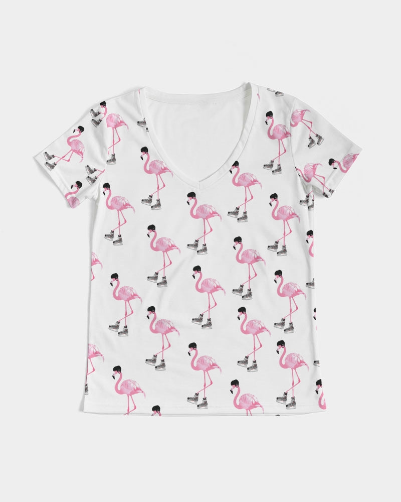 Hockey Playing Flamingos Women's All-Over Print V-Neck Tee