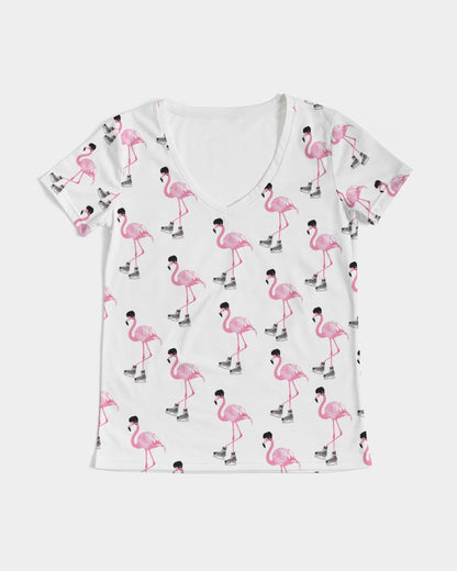 Hockey Playing Flamingos Women's All-Over Print V-Neck Tee