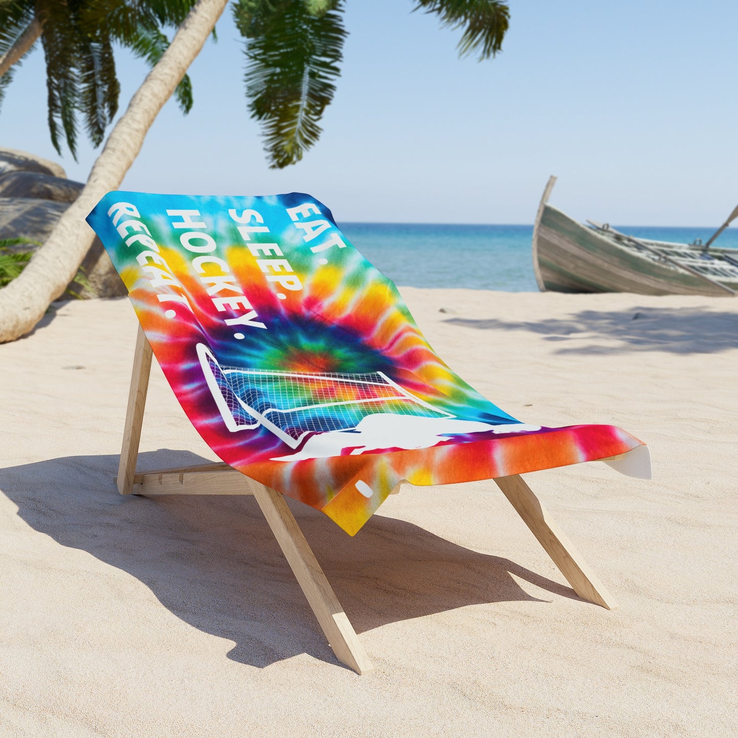 Eat. Sleep. Hockey. Repeat. Goalie Tye-Dye Beach Towel