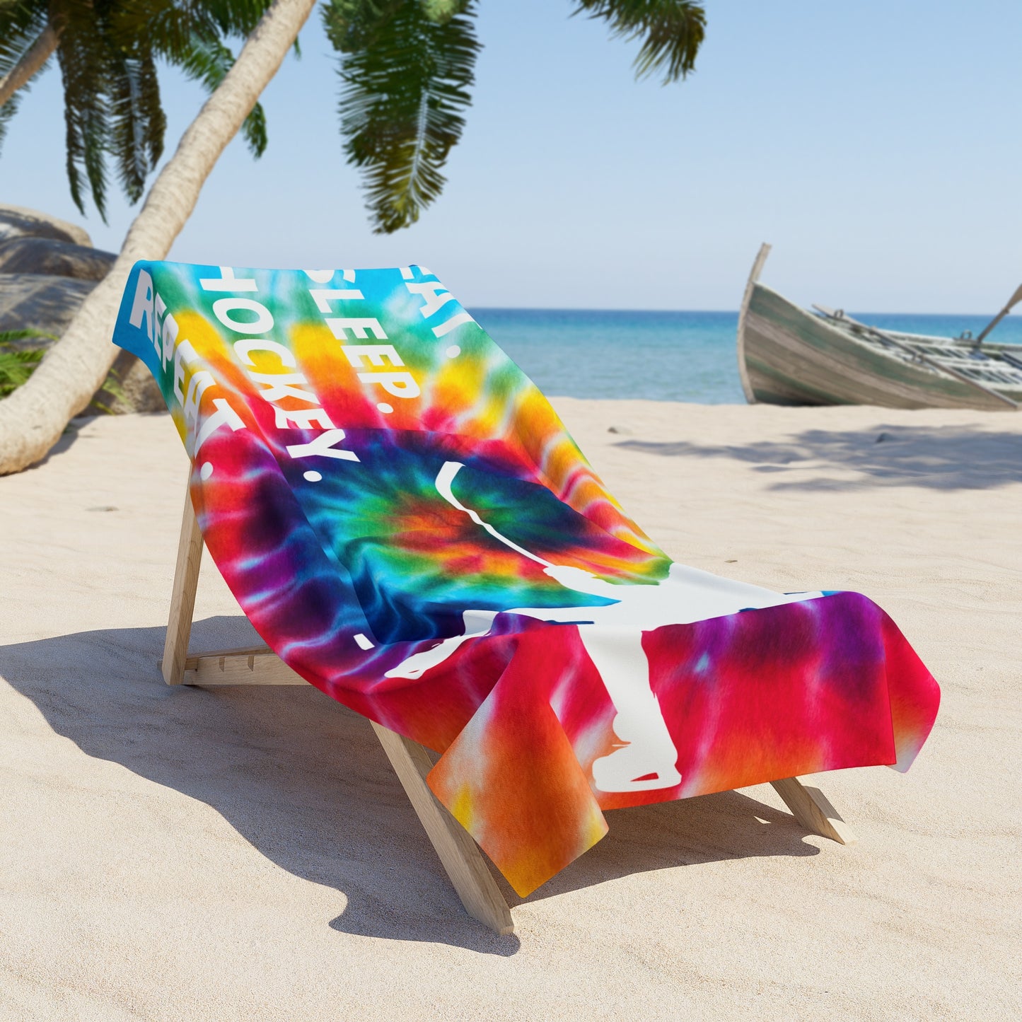 Eat. Sleep. Hockey. Repeat. Tye-Dye Beach Towel