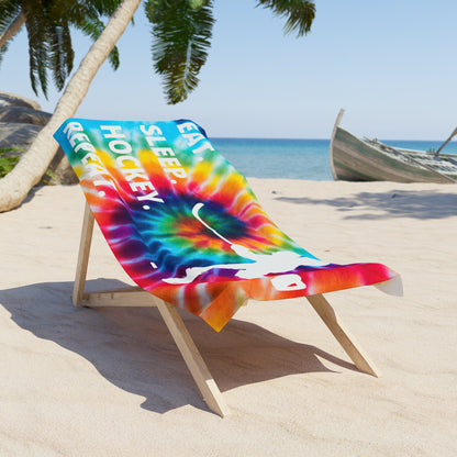 Eat. Sleep. Hockey. Repeat. Tye-Dye Beach Towel