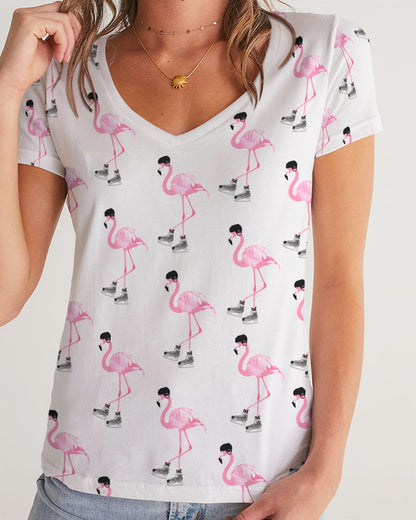 Hockey Playing Flamingos Women's All-Over Print V-Neck Tee