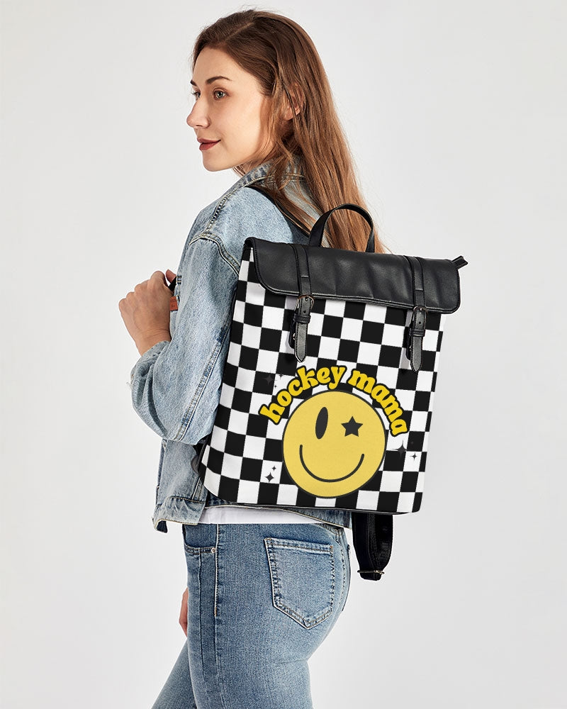 Checkered Smiley Face Hockey Mom Casual Flap Backpack