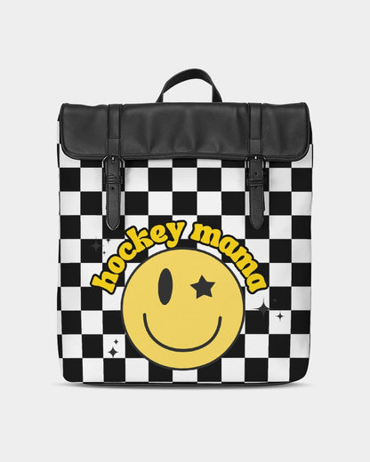 Checkered Smiley Face Hockey Mom Casual Flap Backpack