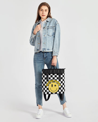 Checkered Smiley Face Hockey Mom Casual Flap Backpack